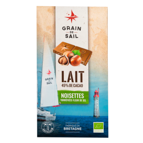 Tablette de chocolat au lait Noisettes Torréfiées et caramel - Bio - Grain de Sail - packaging - recto