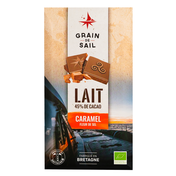 Tablette de chocolat au lait caramel et fleur de sel - BIO - Grain de Sail - packaging - recto