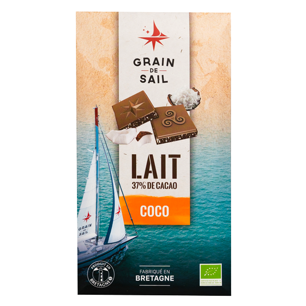 Tablette de chocolat au lait et noix de coco torréfiée - BIO - Grain de Sail - packaging - recto