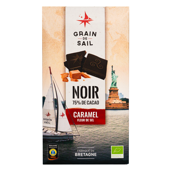 Tablette de chocolat noir caramel et fleur de sel - BIO - Grain de Sail - packaging - recto