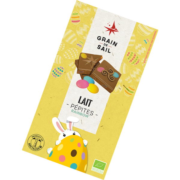 Tablette de chocolat au lait 37% de cacao pépites rainbow Grain de Sail - Pâques 2022 - packaging