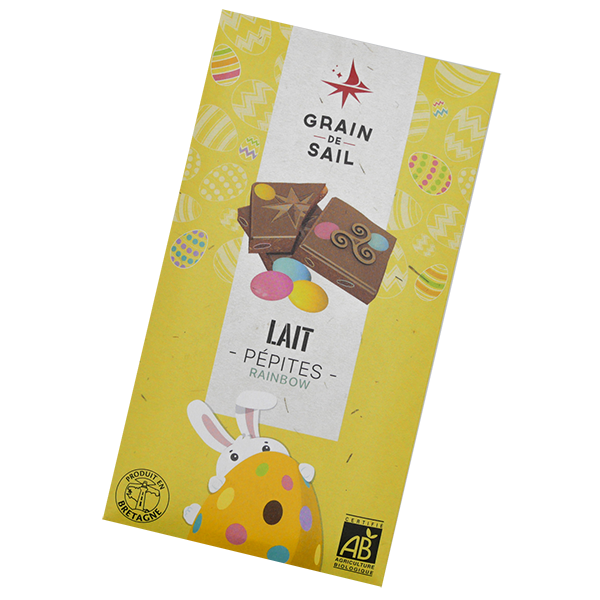 Tablette de chocolat au lait 37% de cacao pépites rainbow Grain de Sail - Pâques 2022 - packaging